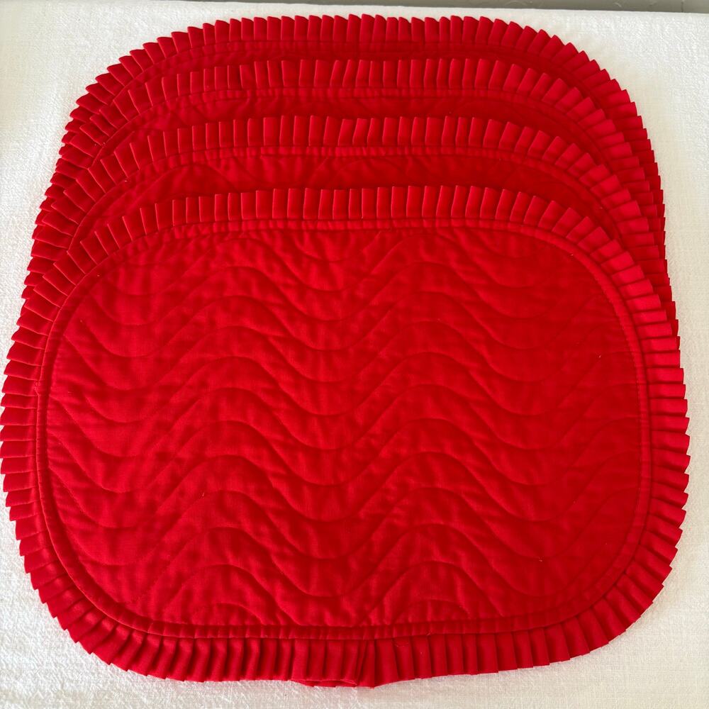 Vintage Red Quilted Placemats Set of 6 Pleated Ruffle Trim Cottage Table Linens